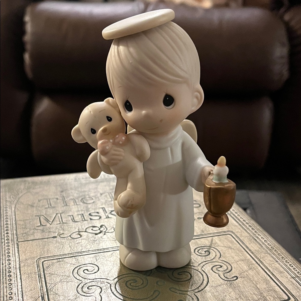 Precious Moments Angel with Teddy Bear and Chalice - Cream and Brown